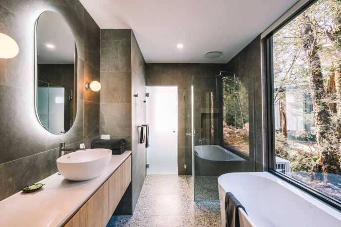 Cradle Mountain Boardwalk Cabin - Modern Tiled Bathroom with Picture Window