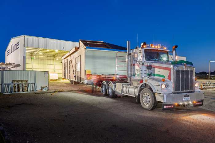 Tasbuilt Modular House Loaded on Truck in Tasbuilt Factory